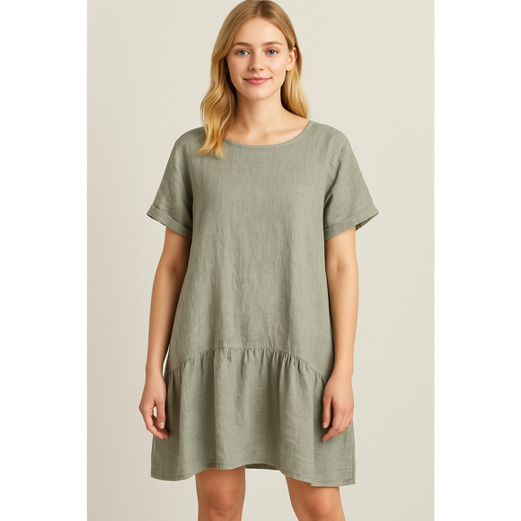 Saks Fifth Avenue Linen Shift Dress Size Large Green Drop Waist Pockets Italy - Picture 1 of 8